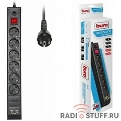 BURO Сетевой фильтр, 6 розеток, 3 метра, (BU-SP3_USB_2A-B), черный (коробка) {992313}