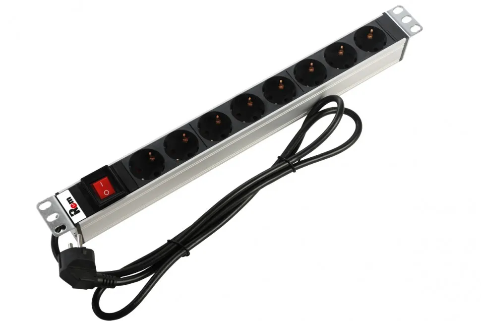 Блок розеток 19", Rem-16, с выключателем, 8 розеток Schuko, 16A, алюм., шнур 3м., Rem