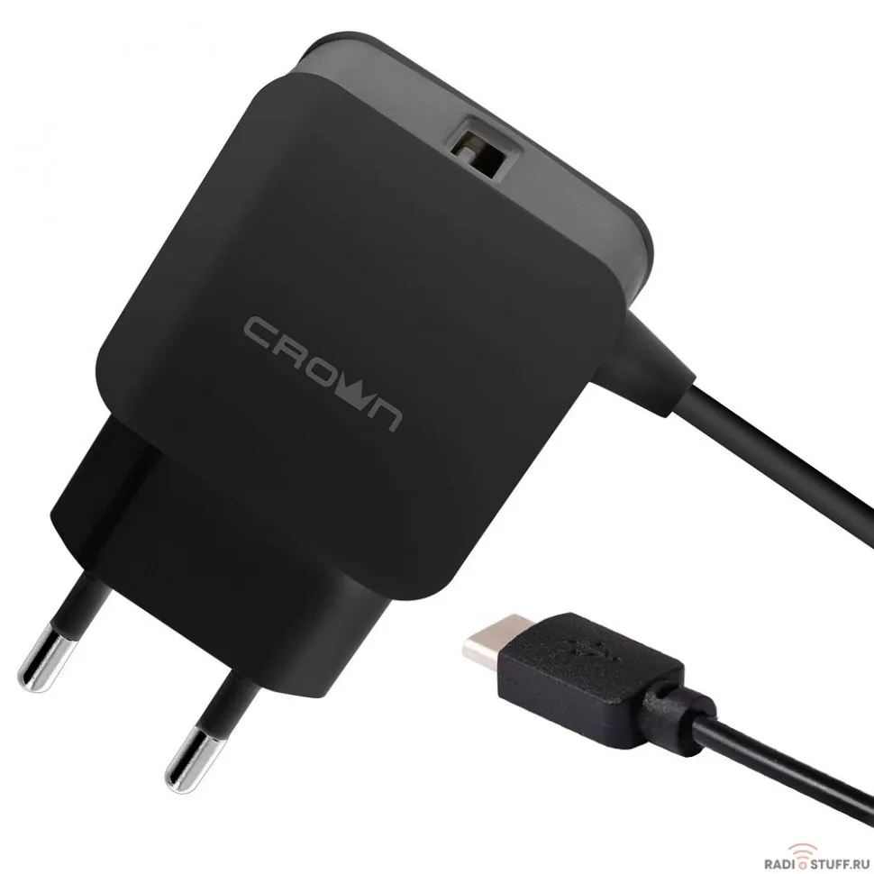 Crown CMWC-3001 Сетевое универсальное зарядное устройство (один порт зарядки; встроенный кабель microUSB 1 м, входное напряжение 100-240В; выходной ток DC 5В - 1,2А, цвет черный)