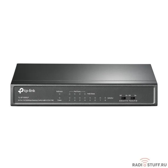 TP-Link TL-SF1008LP 8-портовый 10/100 Мбит/с неуправляемый коммутатор с 4 портами PoE, металлический корпус, настольная установка, бюджет PoE — 41 Вт.