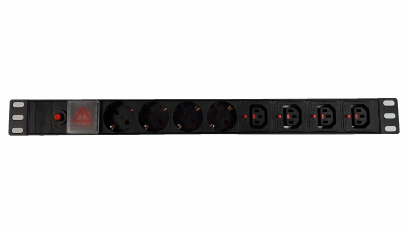 Блок розеток 19", 10-16A, 8 розеток (4 шт EU + 4 шт C13), без шнура, выключатель, с защитой,  корпус металл, черный