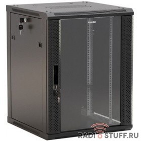 Шкаф настенный, 19", 12U, (650x600х600мм), стеклянная дверь с перфорацией по бокам, ручка с замком, черный, разобранный, Hyperline